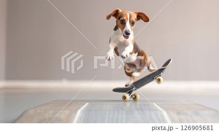 A playful dog skateboarding, capturing the joy and energy of a fun-filled moment in a vibrant indoor setting. 126905681