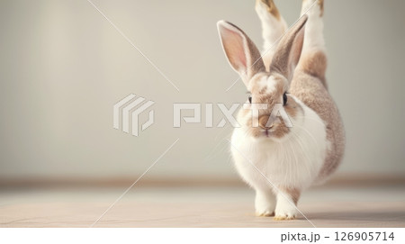 A playful rabbit poses adorably in a bright indoor setting, showcasing its soft fur and charming personality. A playful rabbit poses adorably in a bright indoor setting, showcasing its soft fur and charming personality. 126905714