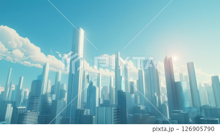 A vibrant skyline showcasing modern skyscrapers against a clear blue sky, ideal for urban and architectural themed projects. 126905790