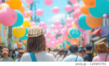 A vibrant street festival filled with colorful balloons and cheerful crowds under a bright blue sky. 126905791
