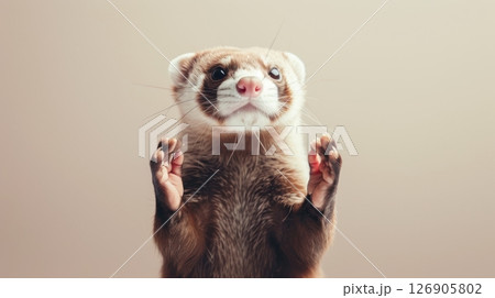 Adorable ferret standing upright, showcasing its playful nature and curious expression against a neutral background. 126905802