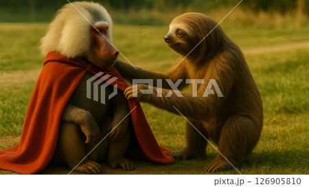 マントヒヒにマント!?ナマケモノがまさかのお手伝い 126905810