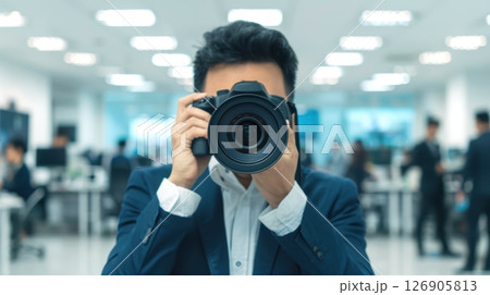 Professional man photographing in bright office setting Professional man photographing in bright office setting 126905813