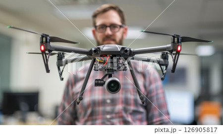 Drone hovering in an office setting Drone hovering in an office setting 126905817