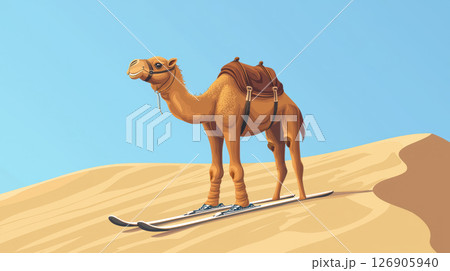 Animated camel on skis in a desert landscape. 126905940