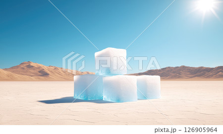 Ice cubes on a dry desert landscape under a bright sun. 126905964