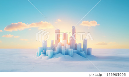 Futuristic cityscape in a snowy, icy environment at sunrise. 126905996