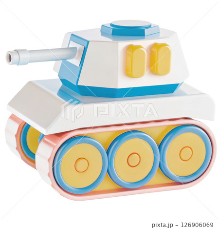 Toy tank model with colorful design and distinct wheels. 126906069