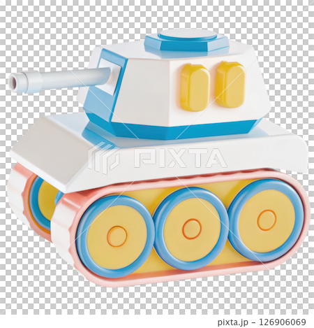 Toy tank model with colorful design and distinct wheels. 126906069
