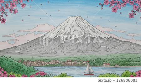 塗り絵　富士山風景 126906083