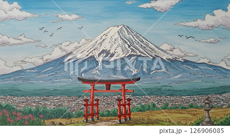 塗り絵　富士山風景 126906085
