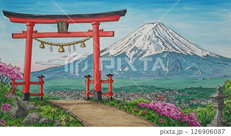 塗り絵　富士山風景 126906087
