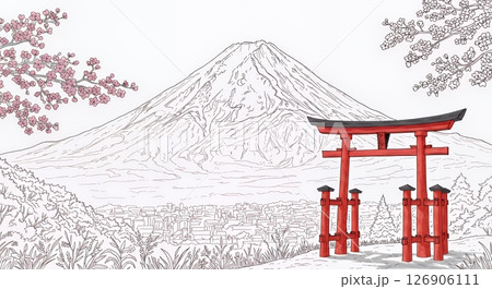 塗り絵　富士山風景 126906111
