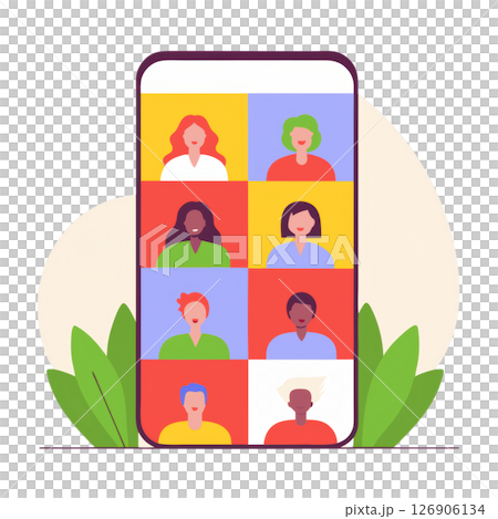 Virtual meeting with diverse participants displayed on a phone screen 126906134