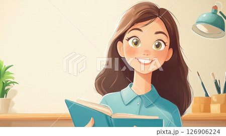 A cheerful young girl holds a blue book, sitting in a cozy, well-lit space with plants and art supplies 126906224