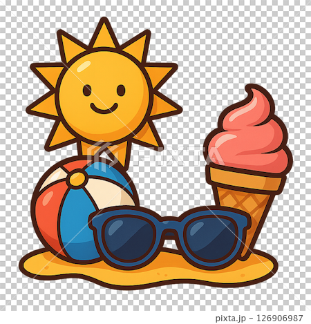 夏を楽しむアイテムが揃った明るいアイコン素材 126906987