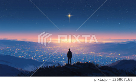 夜明け前の星と都市を見つめる人 夜明け前の星と都市を見つめる人 126907169