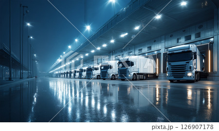 物流倉庫と整列した配送トラック 126907178