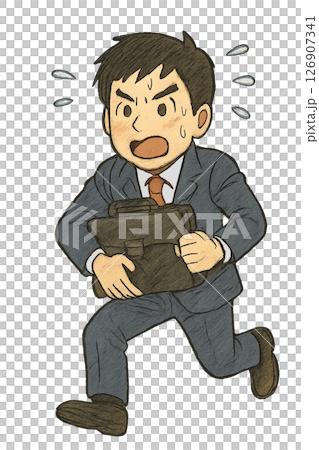 一名身穿西裝的男子因為快要遲到而奔跑的插圖、一名商人趕著去上班的手繪風格素材、一名通勤途中匆忙的人 126907341
