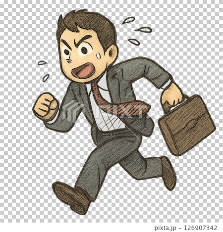 全力疾走するスーツ姿の男性キャラクター、遅刻しそうで慌てて走るビジネスマンのイラスト、汗をかきながら 126907342