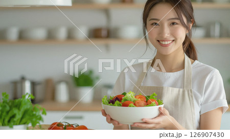 キッチンでサラダを持つ笑顔の女性 キッチンでサラダを持つ笑顔の女性 126907430