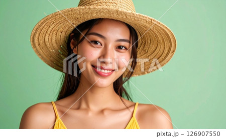 緑に映える黄色と麦わら帽 緑に映える黄色と麦わら帽 126907550