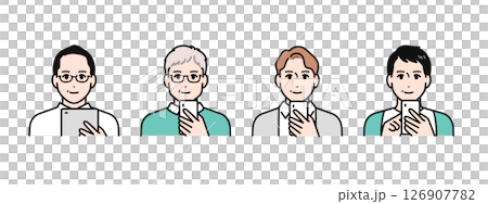 Simple vector illustration set of four middle-aged men holding smartphones and tablet devices 126907782