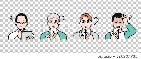 A simple vector illustration set of four middle-aged men looking at a smartphone or tablet device and worrying A simple vector illustration set of four middle-aged men looking at a smartphone or tablet device and worrying 126907783