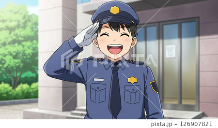 笑顔で敬礼する元気な警備員　生成AI画像 126907821