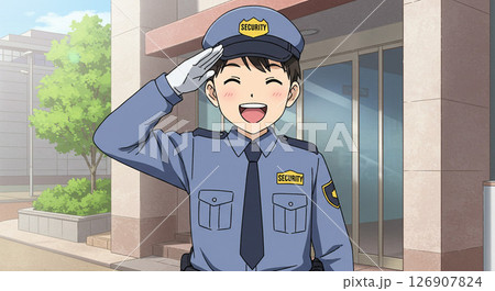 ビル前で誘導する元気な警備員　生成AI画像 126907824