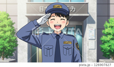 快活に敬礼する警備員の男性　生成AI画像 126907827