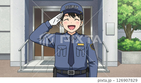 ビルの入り口で微笑む警備員　生成AI画像 126907829