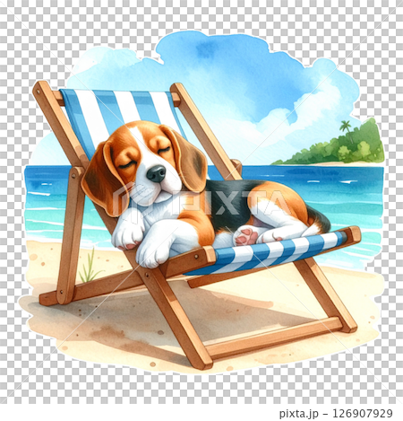 Watercolor illustration of a beagle napping on a beach chair 2 / Material for flyers and posters 126907929