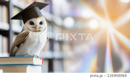 Wise owl with graduation cap perched on books in library setting 126908068