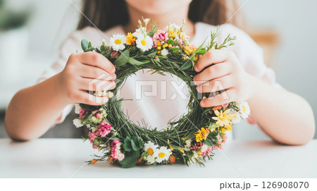 Caucasian girl holding floral wreath with colorful wildflowers 126908070
