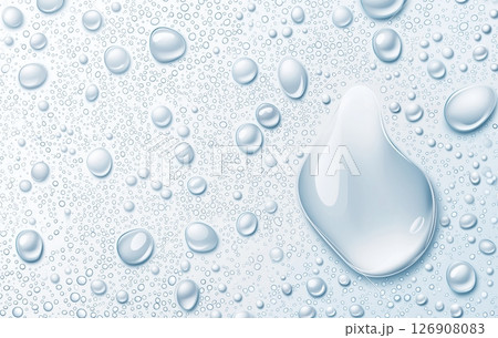 Water droplets on a smooth surface in various sizes and shapes 126908083