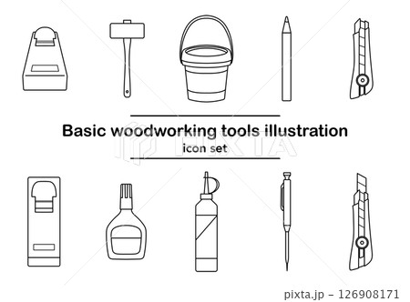 木工用基本工具のアイコンセット(線画)|のこぎり,ハンマー,カッター,接着剤,木工道具 木工用基本工具のアイコンセット(線画)|のこぎり,ハンマー,カッター,接着剤,木工道具 126908171