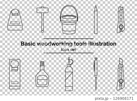 Icon set of basic woodworking tools (line drawing) | saw, hammer, cutter, glue, woodworking tools 126908171