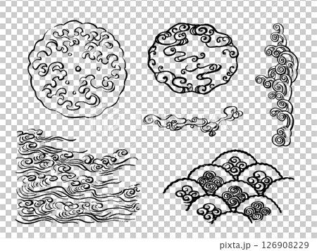 Black Japanese style line art illustration. Brush stroke waves set. Ocean, splashes and whirlpools concept. Japanese wave collection 126908229