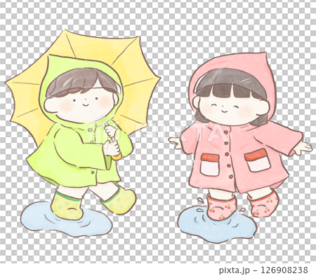 Children wearing raincoats on a rainy day 126908238