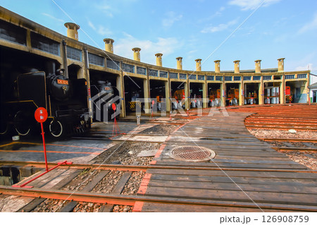 Historic Changhua Roundhouse with Multiple Locomotives, Taiwan. 126908759