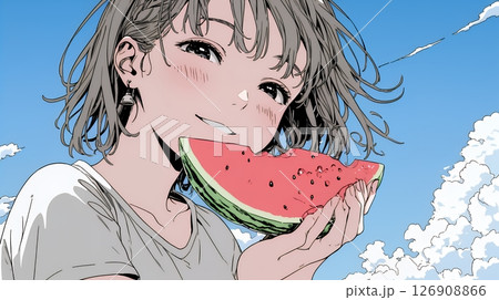 スイカを食べている若い女性