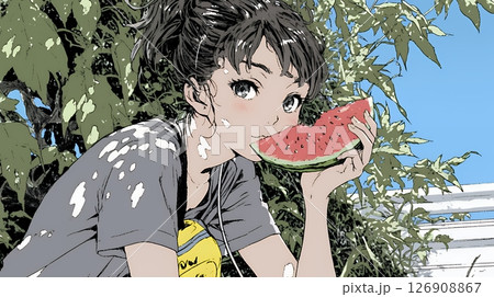 スイカを食べている若い女性