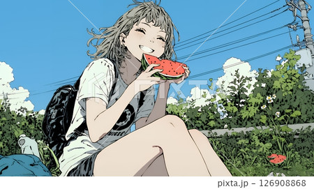 スイカを食べている若い女性