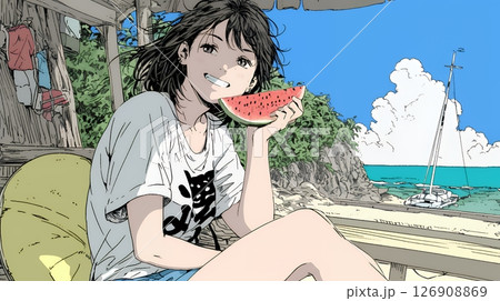 スイカを海辺て食べている若い女性