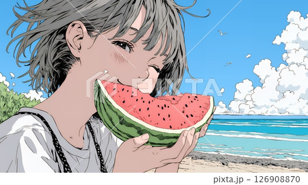 スイカを海辺て食べている若い女性