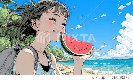 スイカを海辺て食べている若い女性