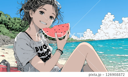 スイカを海辺て食べている若い女性