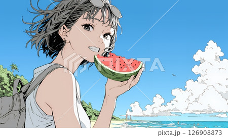 スイカを海辺て食べている若い女性