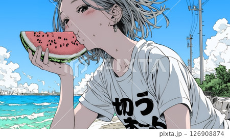スイカを海辺て食べている若い女性